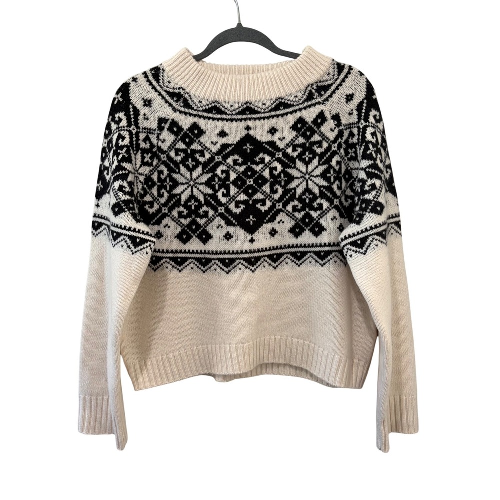 J.Crew Fair Isle Snowflake Mockneck Sweater Womens Medium Cream Black Lambswool